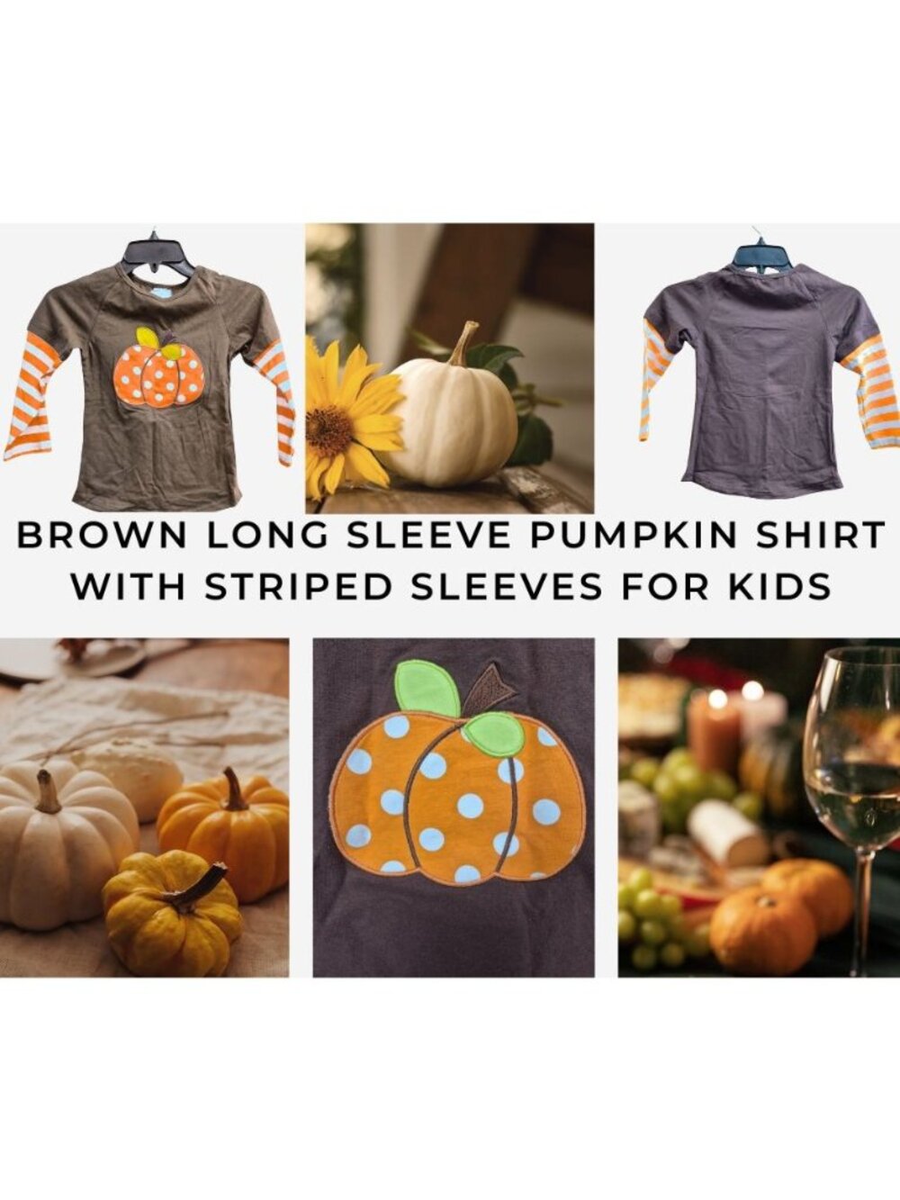 Brown Long Sleeve Pumpkin Shirt With Striped Sleeves For Kids XS 12-18 months